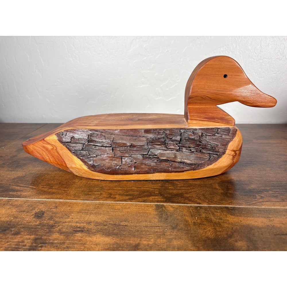 Handmade Cedar Wood Duck Decoy Live Edge Bark Rustic Cabin Decor Figurine 10.5in